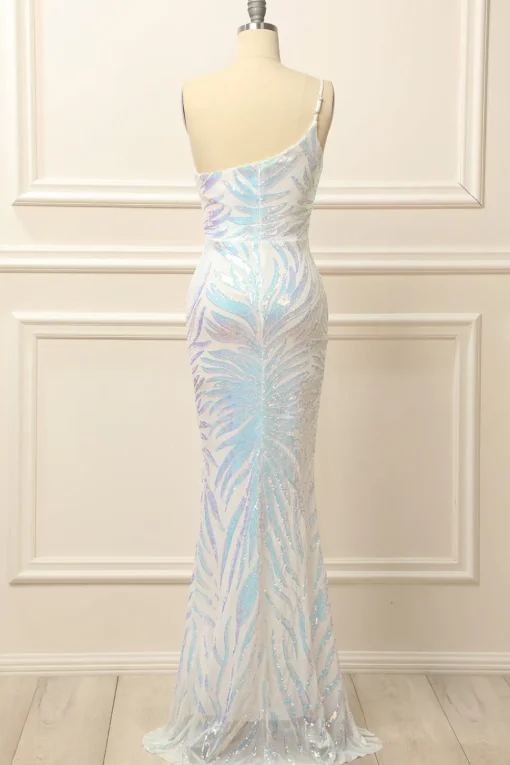 Glitter White One Shoulder Sequins Prom Dress