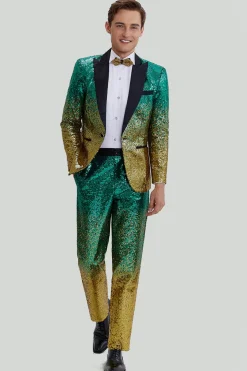 Gold Green Men's 2 Piece Notched Lapel Sequins Suits
