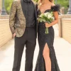 Golden Black Sparkly Print 2 Pieces Shawl Lapel Prom Suits