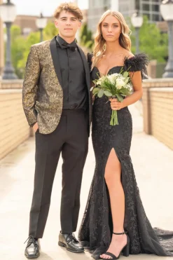 Golden Black Sparkly Print 2 Pieces Shawl Lapel Prom Suits