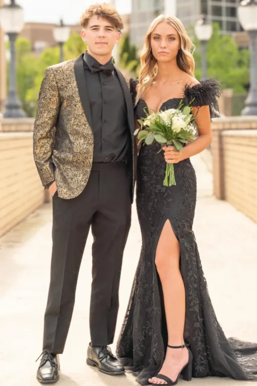 Golden Black Sparkly Print 2 Pieces Shawl Lapel Prom Suits