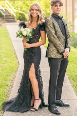 Golden Black Sparkly Print 2 Pieces Shawl Lapel Prom Suits