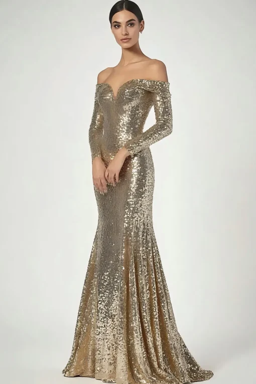 Golden Column One Shoulder Sequin Long Formal Dress