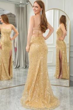 Golden Mermaid Spaghetti Straps Sequin Prom Dress With Slit