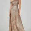 Golden One Shoulder Sequins A Line Long Prom Dress