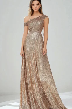 Golden One Shoulder Sequins A Line Long Prom Dress