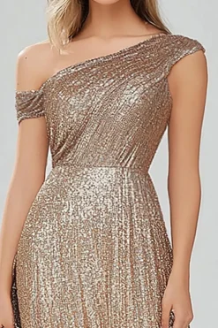 Golden One Shoulder Sequins A Line Long Prom Dress