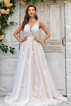 Gorgeous A Line Deep V Neck Champagne Tulle Wedding Dress with Lace