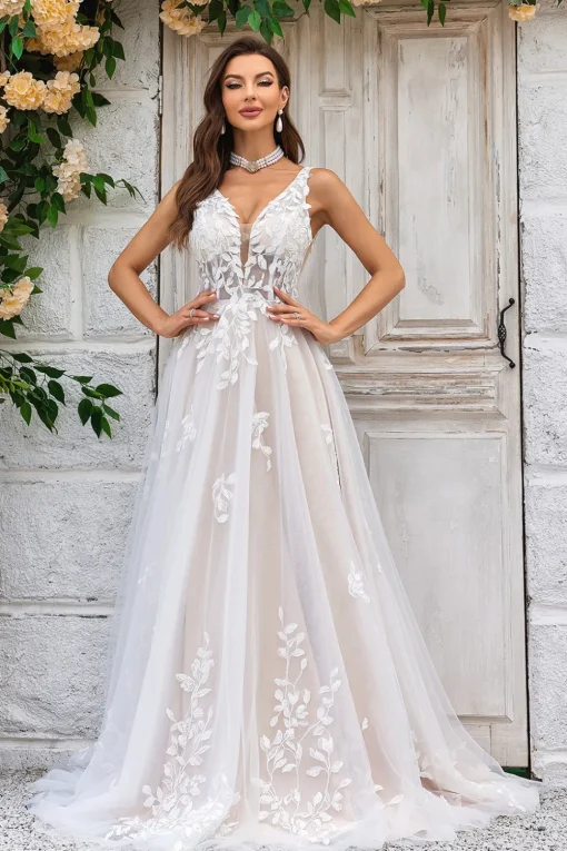 Gorgeous A Line Deep V Neck Champagne Tulle Wedding Dress with Lace