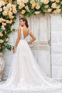 Gorgeous A Line Deep V Neck Champagne Tulle Wedding Dress with Lace
