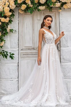 Gorgeous A Line Deep V Neck Champagne Tulle Wedding Dress with Lace