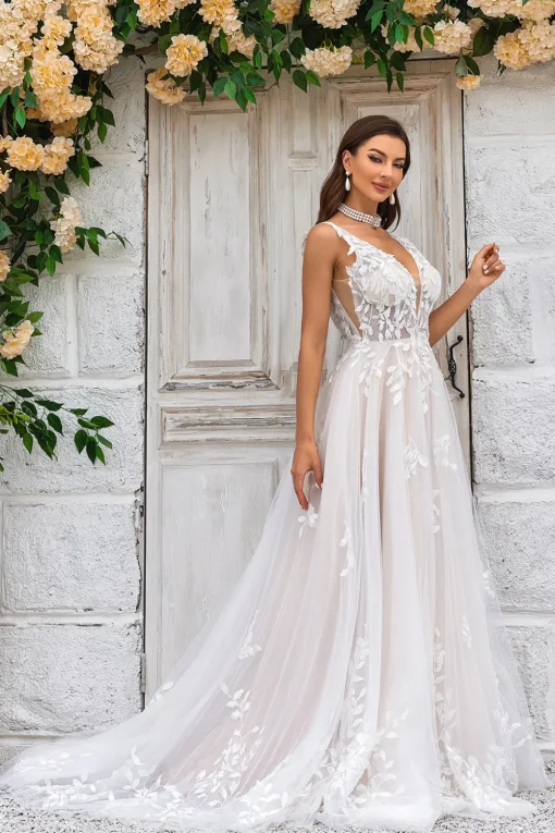 Gorgeous A Line Deep V Neck Champagne Tulle Wedding Dress with Lace