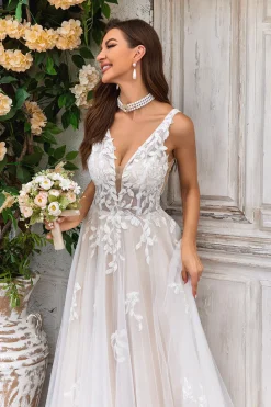 Gorgeous A Line Deep V Neck Champagne Tulle Wedding Dress with Lace