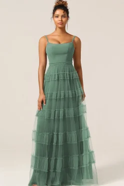 Gorgeous A Line Spaghetti Straps Eucalyptus Tulle Long Bridesmaid Dress