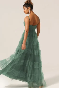 Gorgeous A Line Spaghetti Straps Eucalyptus Tulle Long Bridesmaid Dress