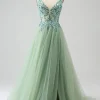 Gorgeous A Line V Neck Light Green Long Prom Dress with Appliques