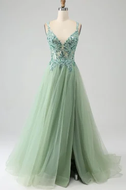 Gorgeous A Line V Neck Light Green Long Prom Dress with Appliques