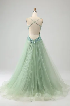 Gorgeous A Line V Neck Light Green Long Prom Dress with Appliques