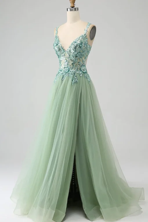 Gorgeous A Line V Neck Light Green Long Prom Dress with Appliques