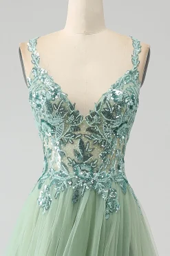 Gorgeous A Line V Neck Light Green Long Prom Dress with Appliques