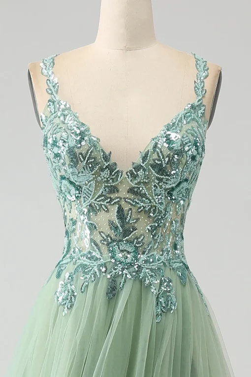 Gorgeous A Line V Neck Light Green Long Prom Dress with Appliques