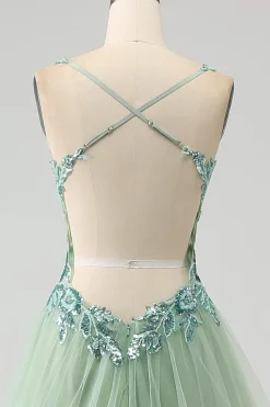 Gorgeous A Line V Neck Light Green Long Prom Dress with Appliques
