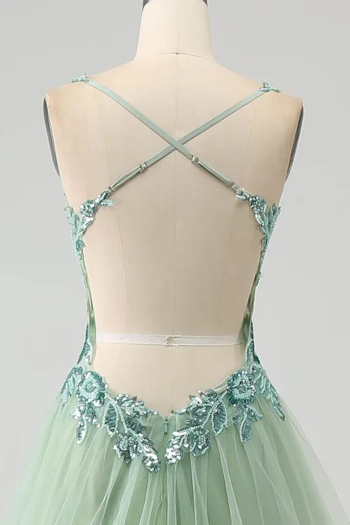Gorgeous A Line V Neck Light Green Long Prom Dress with Appliques