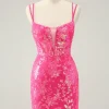 Gorgeous Hot Pink Bodycon Lace Up Glittler Short Graduation Dress with Slit