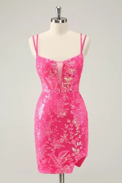 Gorgeous Hot Pink Bodycon Lace Up Glittler Short Graduation Dress with Slit