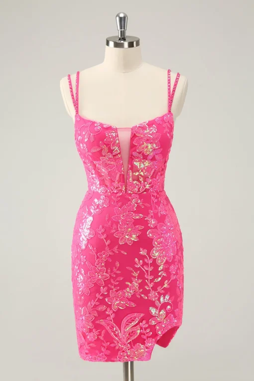 Gorgeous Hot Pink Bodycon Lace Up Glittler Short Graduation Dress with Slit