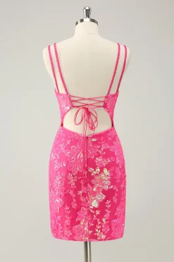 Gorgeous Hot Pink Bodycon Lace Up Glittler Short Graduation Dress with Slit