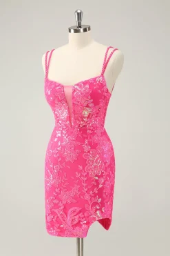 Gorgeous Hot Pink Bodycon Lace Up Glittler Short Graduation Dress with Slit