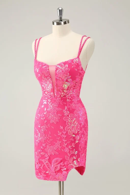 Gorgeous Hot Pink Bodycon Lace Up Glittler Short Graduation Dress with Slit