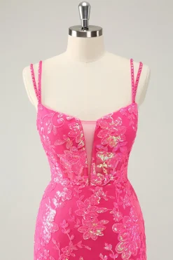 Gorgeous Hot Pink Bodycon Lace Up Glittler Short Graduation Dress with Slit