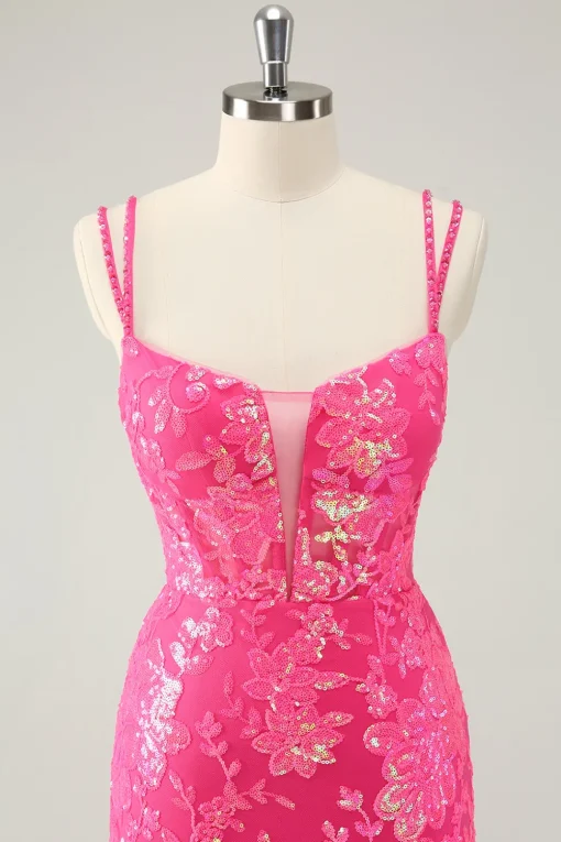 Gorgeous Hot Pink Bodycon Lace Up Glittler Short Graduation Dress with Slit