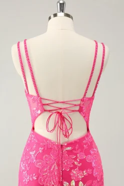Gorgeous Hot Pink Bodycon Lace Up Glittler Short Graduation Dress with Slit