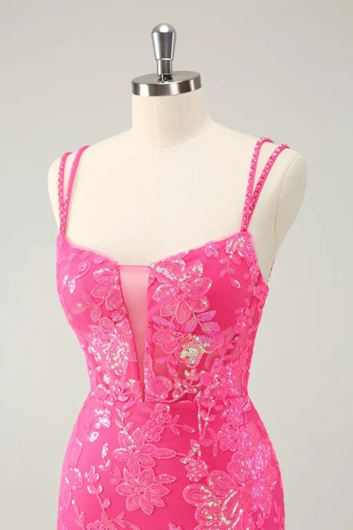 Gorgeous Hot Pink Bodycon Lace Up Glittler Short Graduation Dress with Slit