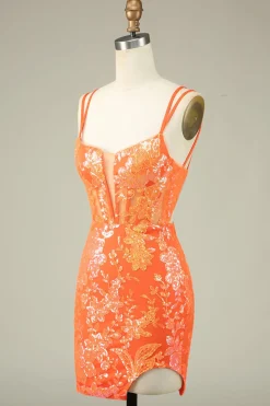 Gorgeous Hot Pink Bodycon Lace Up Glittler Short Graduation Dress with Slit