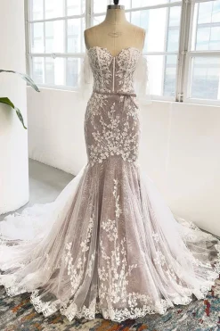 Gray Purple Sweetheart Corset Mermaid Wedding Dress with Appliques