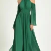 Green A Line Cold Shoulder Halter Long Mother Of the Bride Dress