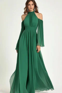 Green A Line Cold Shoulder Halter Long Mother Of the Bride Dress