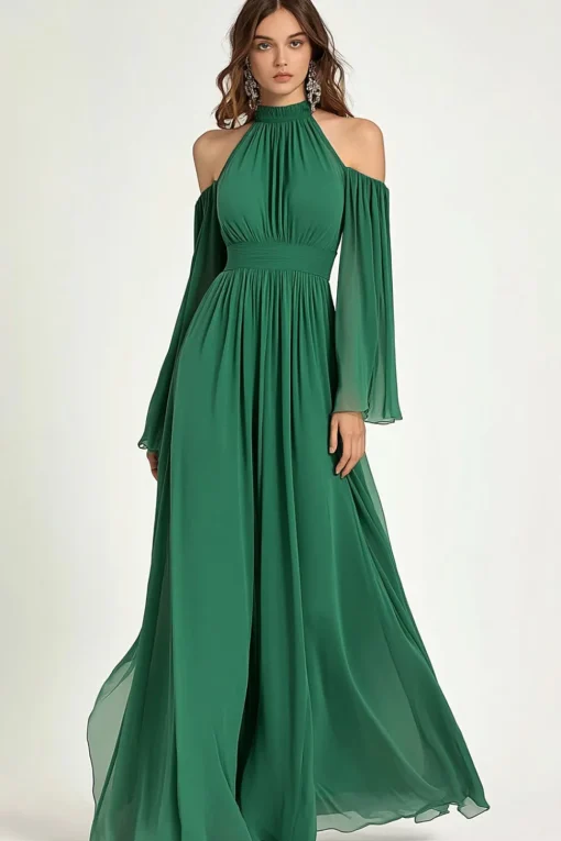 Green A Line Cold Shoulder Halter Long Mother Of the Bride Dress