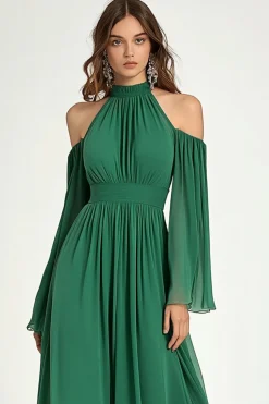 Green A Line Cold Shoulder Halter Long Mother Of the Bride Dress