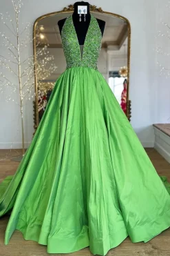 Green A Line Halter Beaded Long Prom Dress