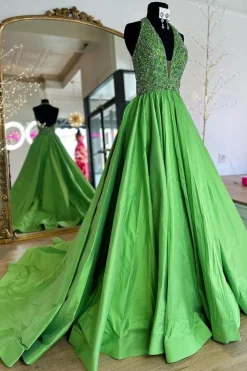 Green A Line Halter Beaded Long Prom Dress
