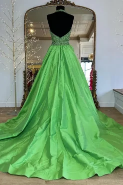 Green A Line Halter Beaded Long Prom Dress