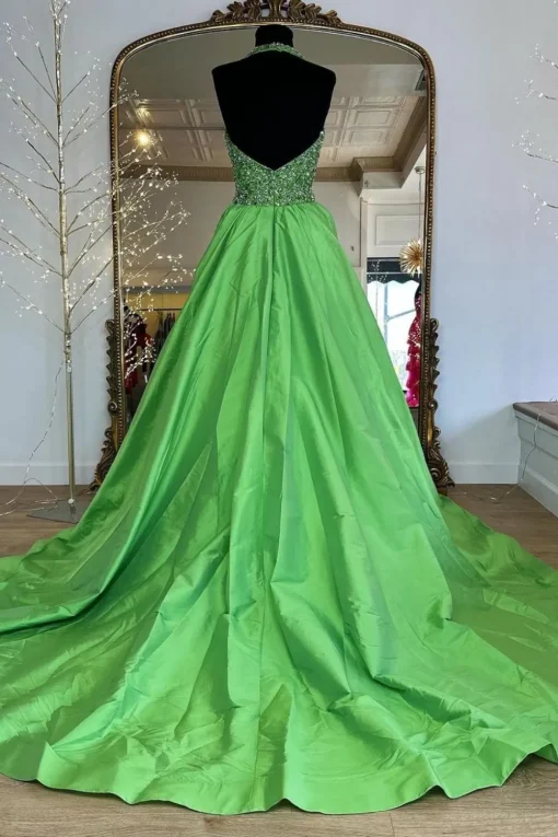 Green A Line Halter Beaded Long Prom Dress