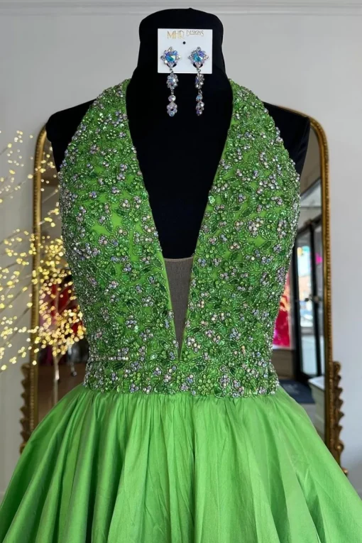 Green A Line Halter Beaded Long Prom Dress