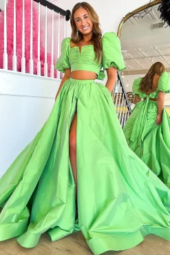 Green A Line Off the Shoulder Prom Dress with Slit