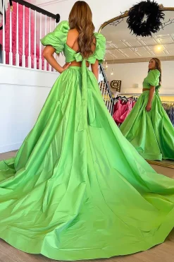 Green A Line Off the Shoulder Prom Dress with Slit